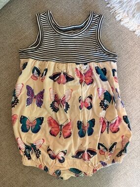 Tea Collection Cream Butterfly Bubble Romper with Black & White Stripes